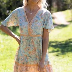 201234-1 Iris Maxi Mint & Orange Floral Rayon Dress