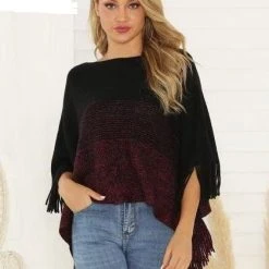 Zura Cashmere Wrap Fringed Red And Navy Super Soft Poncho