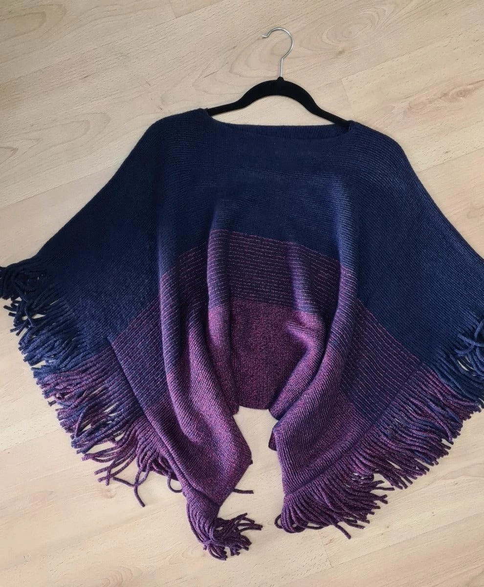 Zura Cashmere Wrap Fringed Red And Navy Super Soft Poncho - Image 2