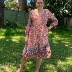 D8640PK Silver Wishes Pink Floral Long- Sleeved Dress