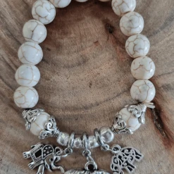 Ivys Elephant White Marble Silver Plated Beaded Bracelet