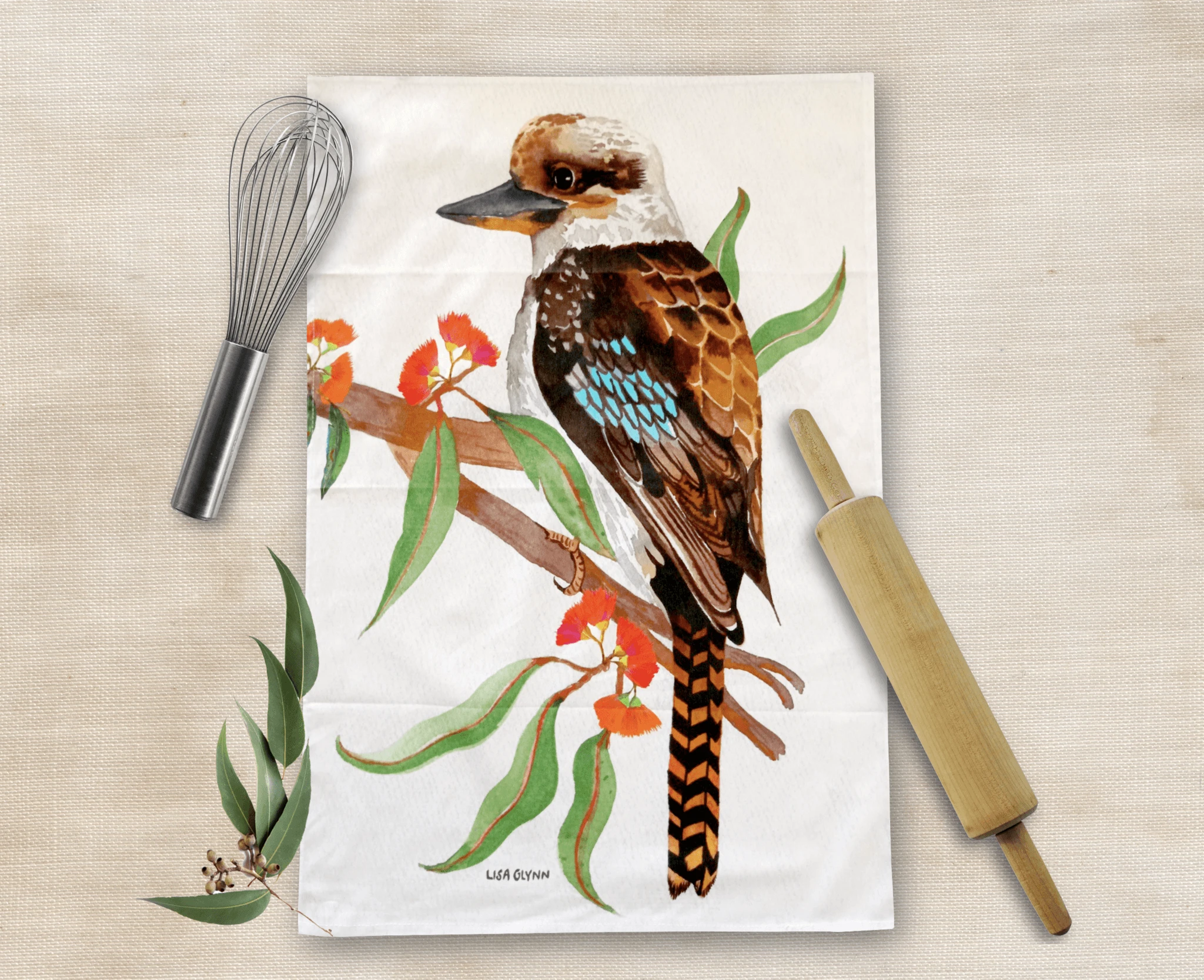 Lisa Glynn Kookaburra Tea Towel 100% Cotton Designed In Australia