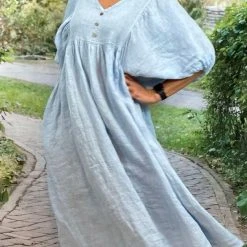 La Strada LSD21-938 Italian Linen Loose Wooden Button Kaftan Dress