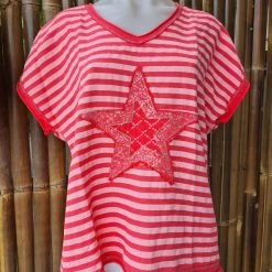 LST21-D1 La Strada Linen Cotton Coral Stripe Star Top