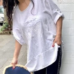 LSTU21-96A La Strada White Linen Sequin Top