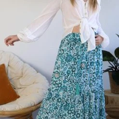 S0121-86 Salty Bright Long Blue Floral Long Skirt
