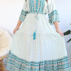 S0376-108 Salty Bright Cream And Turquoise Boho Dress