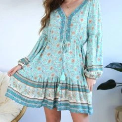 S0509-104 Salty Bright Short Mint Floral Long Sleeve Dress