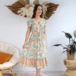 Salty Bright S0442-38 Long Mint & Orange Floral Boho Dress