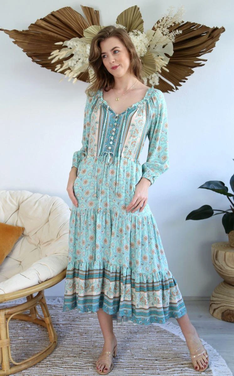 S0531-104 Salty Bright Green Floral Long Dress - Image 2