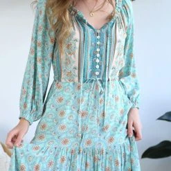 S0531-104 Salty Bright Green Floral Long Dress