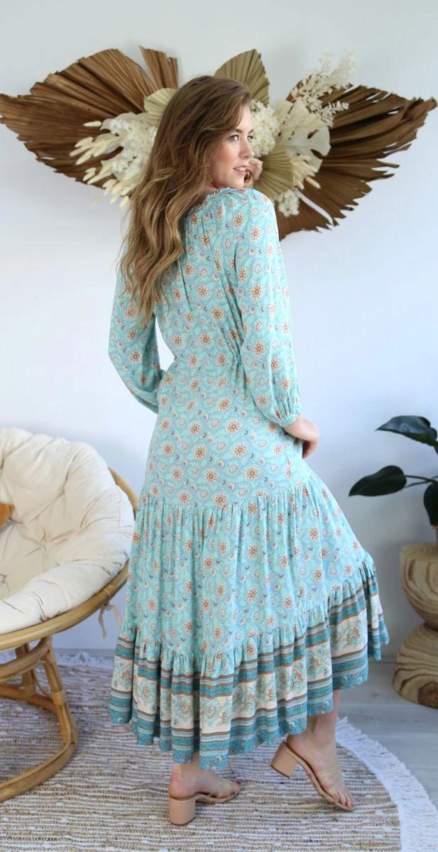 S0531-104 Salty Bright Green Floral Long Dress - Image 4