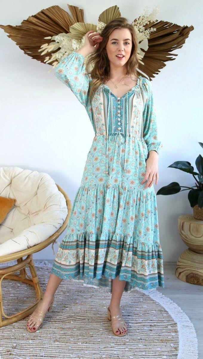 S0531-104 Salty Bright Green Floral Long Dress - Image 3
