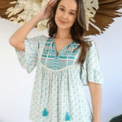 Salty Bright S0573-108 Teal And Cream Floral Top