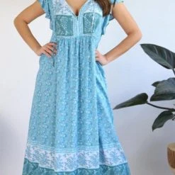 S0575A-129 Salty Bright Blue Floral Below The Knee Dress