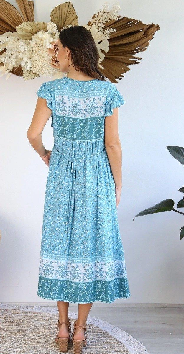 S0575A-129 Salty Bright Blue Floral Below The Knee Dress - Image 3