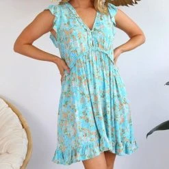Salty Bright S0584-139 Aqua Floral Rayon Dress