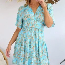 Salty Bright S0588-139 Aqua Floral Rayon Dress