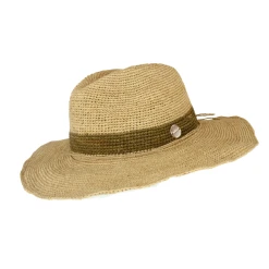 Sundaise SH341 Cassandra Panama Olive Strip Raffia Hat