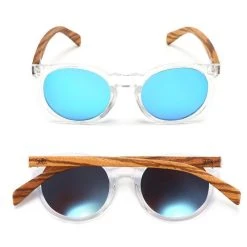 SOEK WINEGLASS BAY - Clear Framed Sustainable Sunglasses With Walnut Wooden Arms And Blue Polarized Lens - Adult